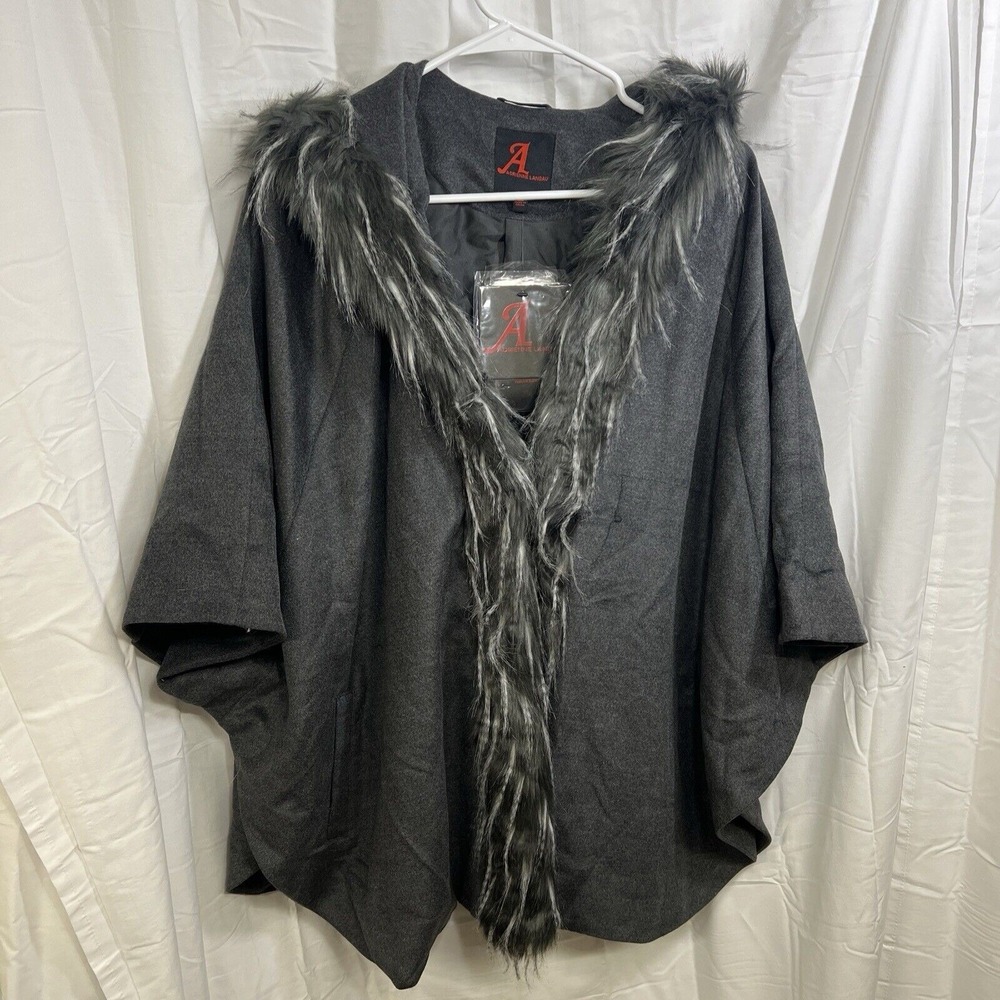 Gray XS/S Faux Fur Trim Hooded Poncho Cape Wrap Chic Gothic Eveningn Wear Glam